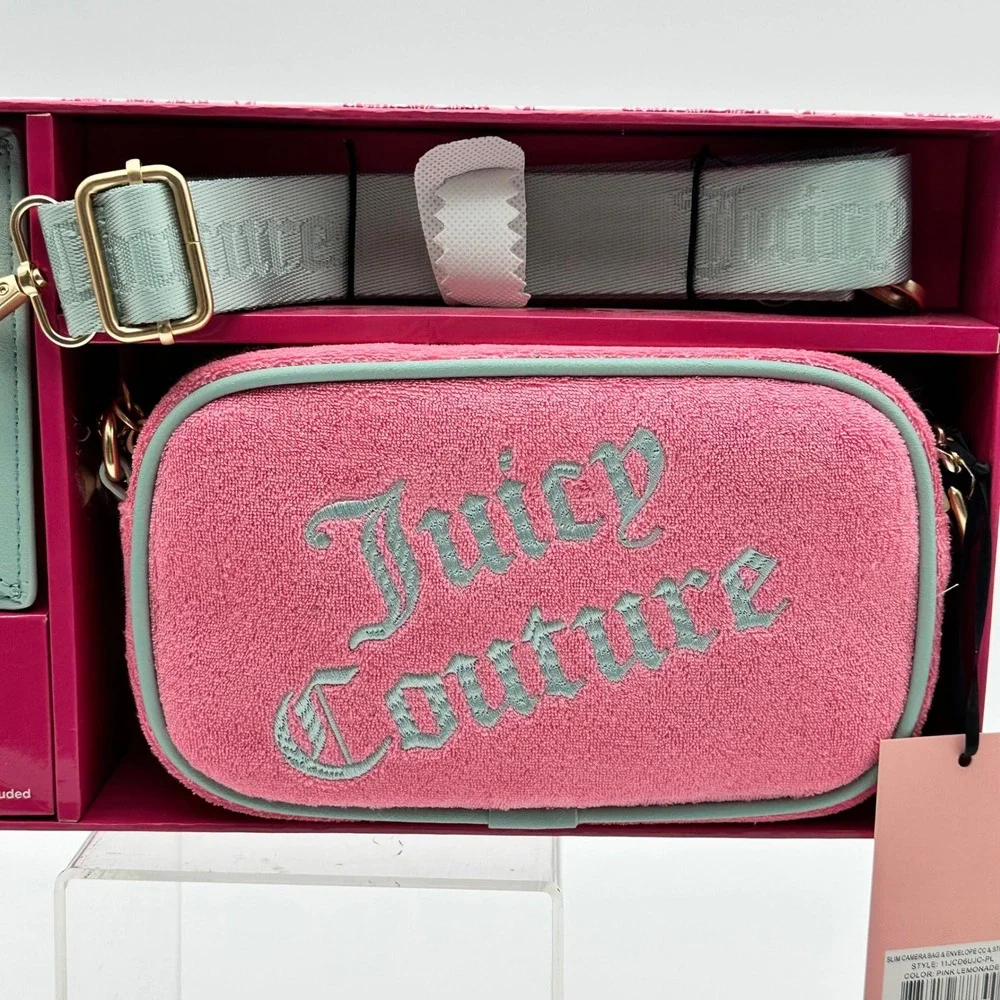 Juicy Couture Pink Lemonade Crossbody Camera Bag & Card Case Pink Terry Teal NWT